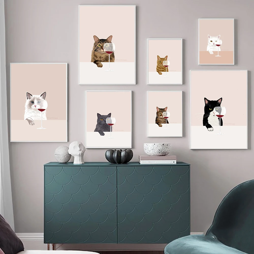 Funny Cat White Cats Taste Red Wine Canvas Painting Cat Lover Gifts Kitchen Wall Art Pictures for Living Room Home Decor Post