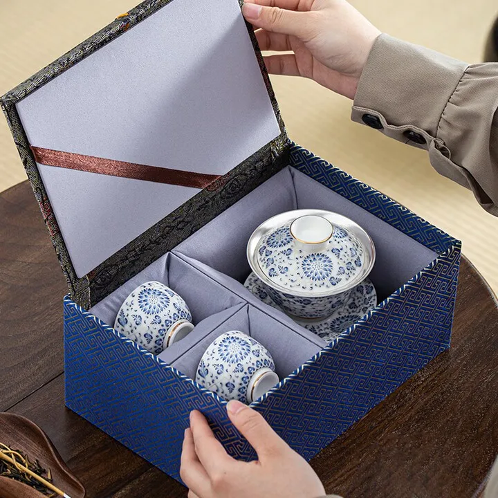 

Jingzhou Frosted Silver Teapot Blue & White Tea Set High-End Gift for Teachers Elderly Clients Father's Day One Bowl Two Cups