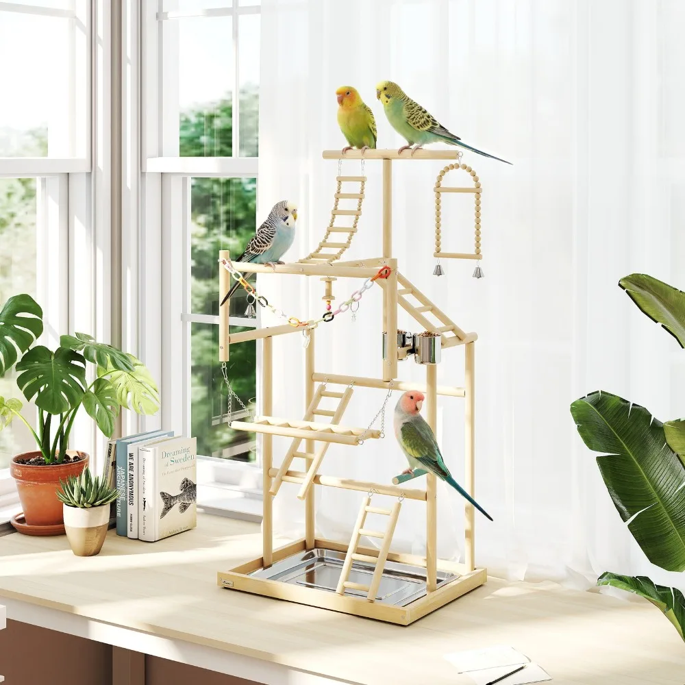 

Bird Playground, 4 Layer Wooden Parrot Play Stand with Accessories