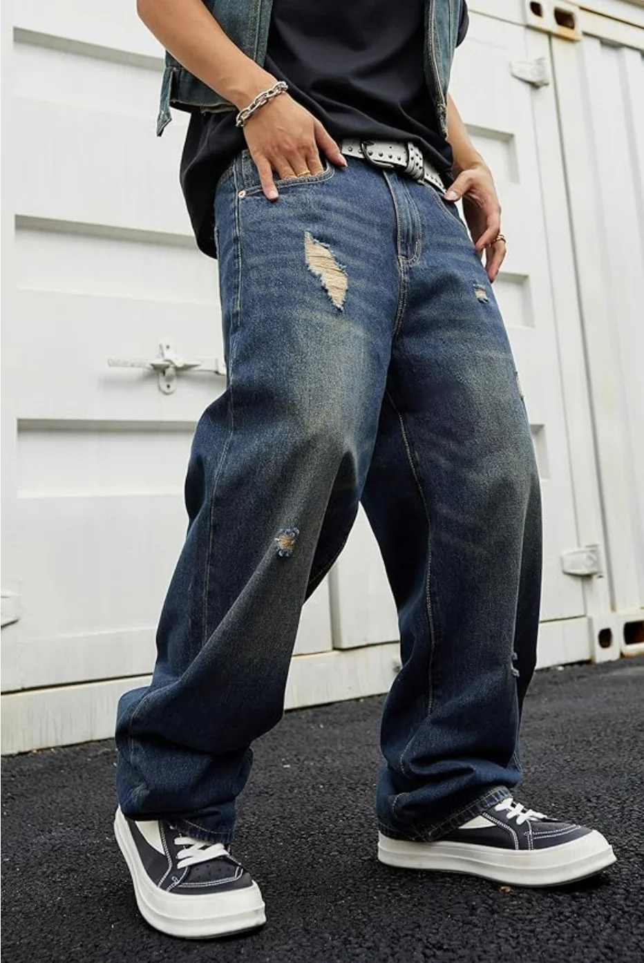 Jeans Men Y2K Vintage Medium Blue Ripped Distressed Baggy Wide Leg Denim Pants Loose Oversized Skater Street Long Trousers
