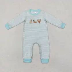 Nieuwe rts baby jongens rompertjes groothandel boetiek geborduurde eend elanden blauwe strepen jongens romper