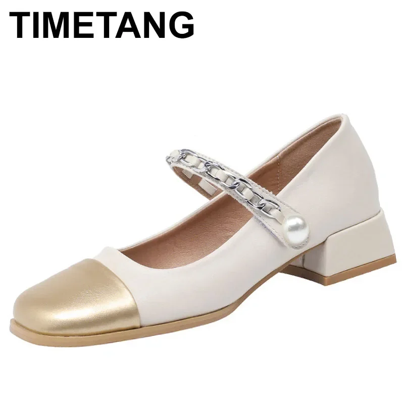 

2025 French style Single-Layer Shoes Women Graceful Flat Color Matching Pearl Chain Buckle Mary Jane Shoes