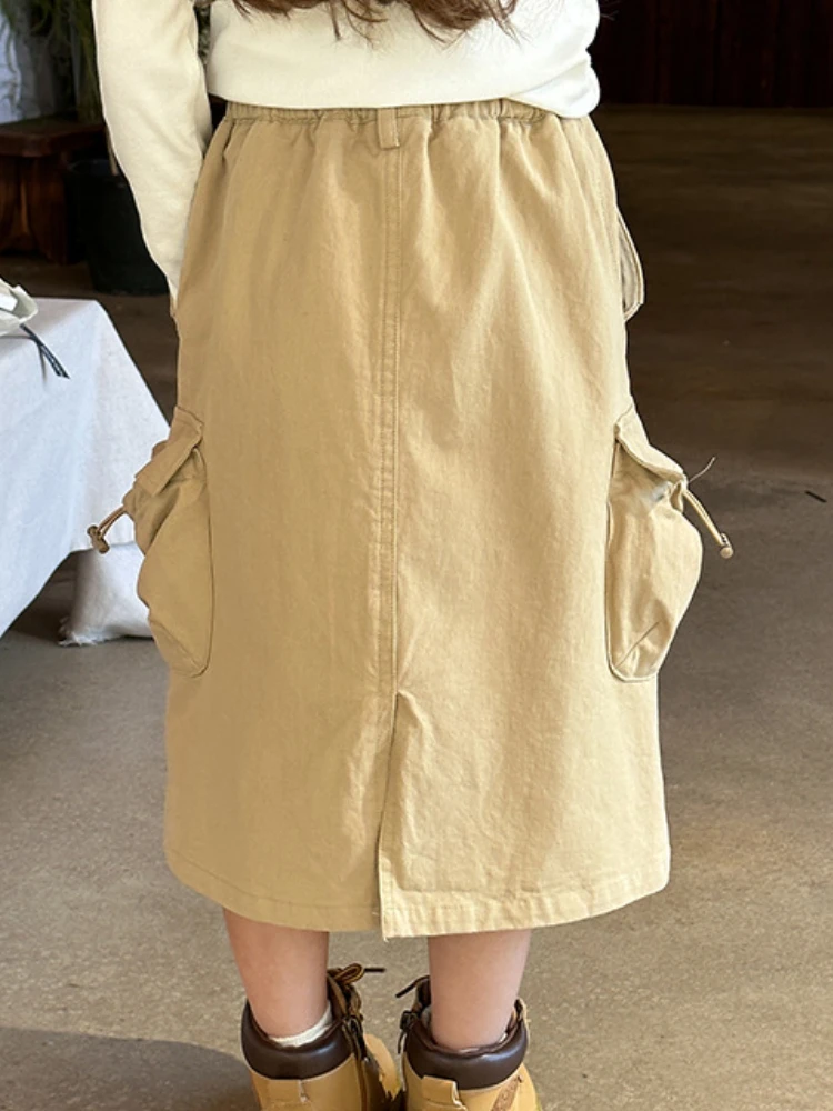 Girl Mid-length Skirt Children Clothing Kids Casual Cargo Skirt Fashion Personality Slit Solid Color Pocket Half Frock Summer