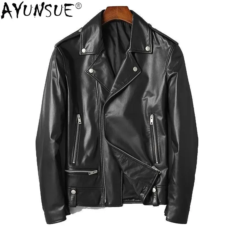 

AYUNSUE Natural Leather Jacket Men Motorcycle Jackets Short Real Sheepskin Short Zipper Men's Coat Chaqueta De Cuero Para Hombre