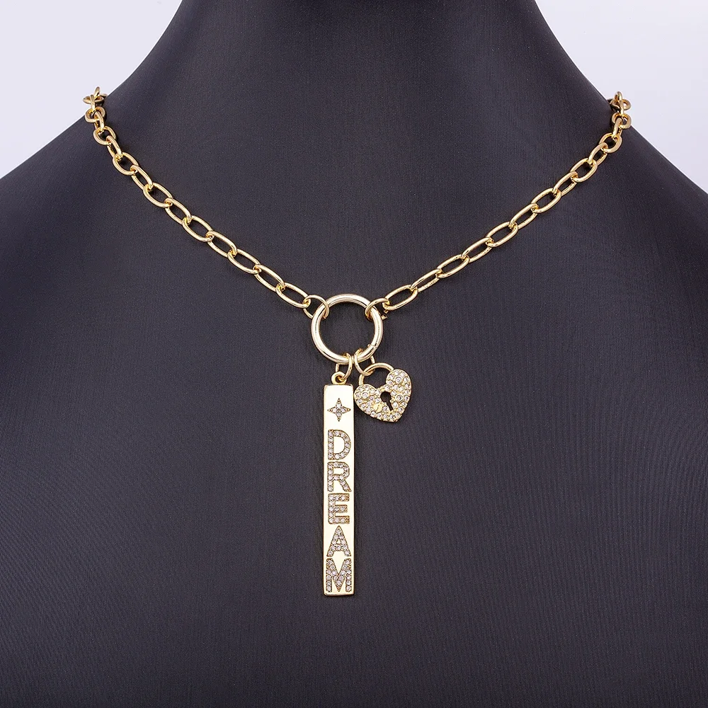 Nidin New Fashion Design Key And Heart Lock Dream Letters Zircon Lobster Clasp Chain Pendant Party Wedding Necklace Jewelry