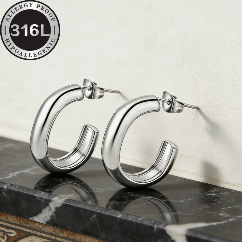 316L stainless steel anti-allergic earrings, semi-circular line oval, simple and atmospheric design