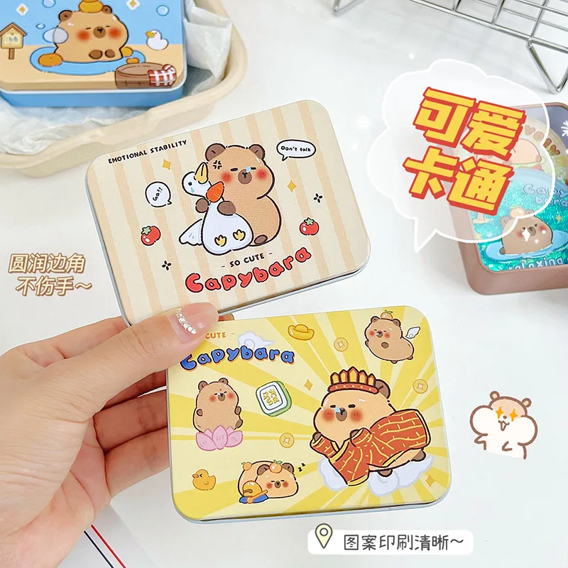 Kawaii Cartoon Capybara Card Storage Iron Box Kpop Star 3 Inch Photo Card Dustproof Box Cute Girl Jewelry Hair Clip Small Box