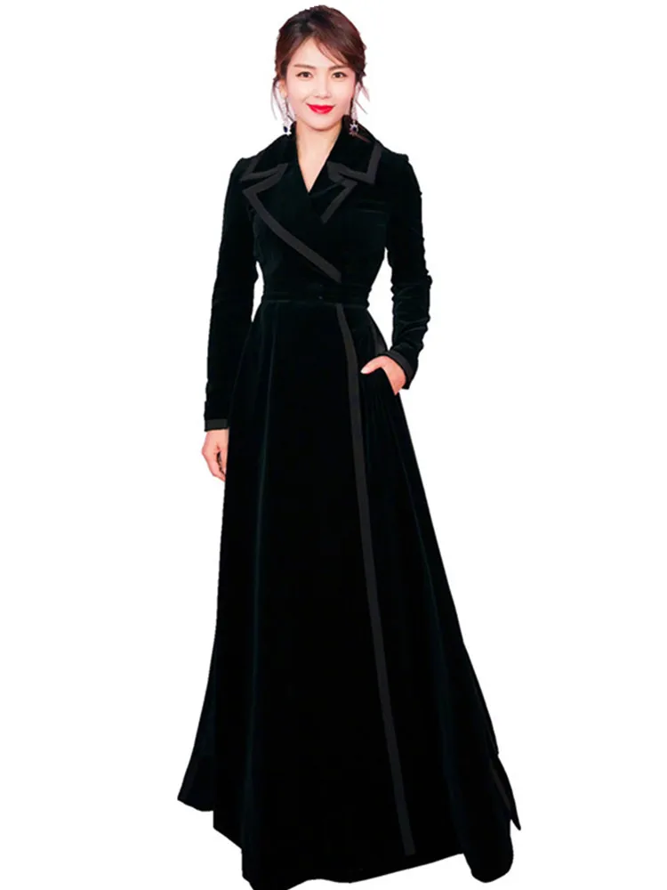 Winter Runway Designer Women Vintage Notched Collar Wrap Black Velvet Maxi Overcoat Thick Warm Pocket Long Trench Coat Outwear