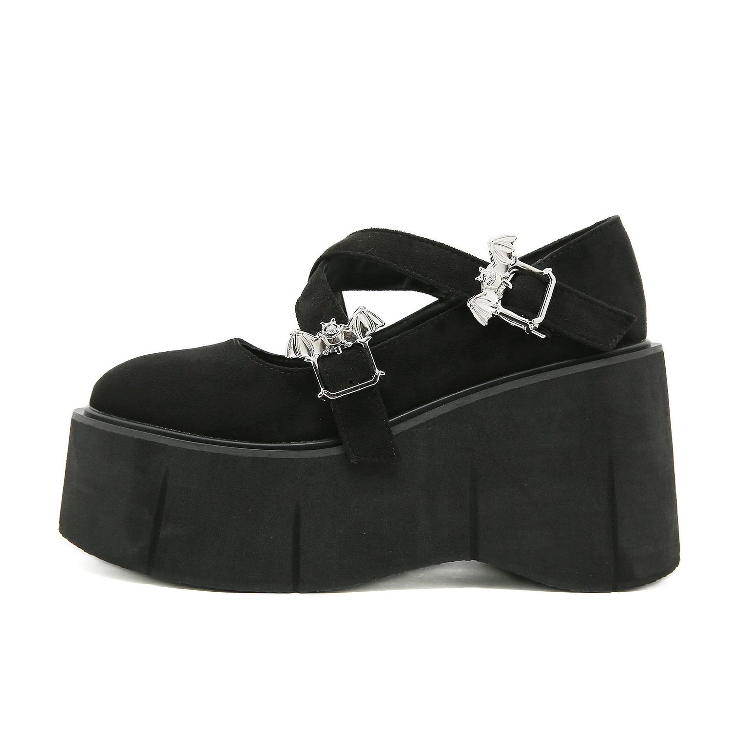 Gdgydh النساء القوطية ماري جين أحذية منصة نعل سميك مقاوم للماء منصة الكعوب عبر مشبك إسفين الكعوب الخفافيش مشبك تصميم #4