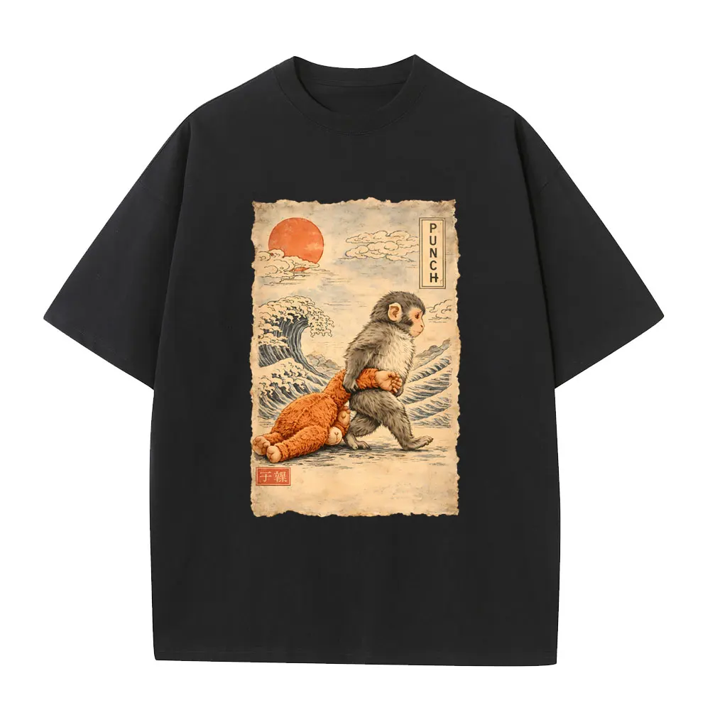 

Punch Monkey Funny Japanese Style Graphic T-shirt Men Women Casual 100% Cotton Short Sleeve T Shirts Men's Oversized Streetwear