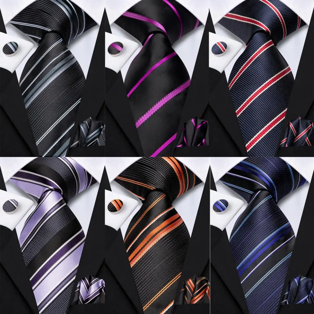 Striped Tie For Men 2023 New Elegant Mens 8.5cm Groom Necktie Pocket Square Cufflinks Wedding Accessorie Hi-Tie Design Wholesale