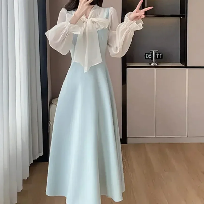 Dresses for Women Silk Bow New In Spring Autumn Woman Long Sleeve Dress Features Elegant Party Casual Youth One-piece Aesthetic