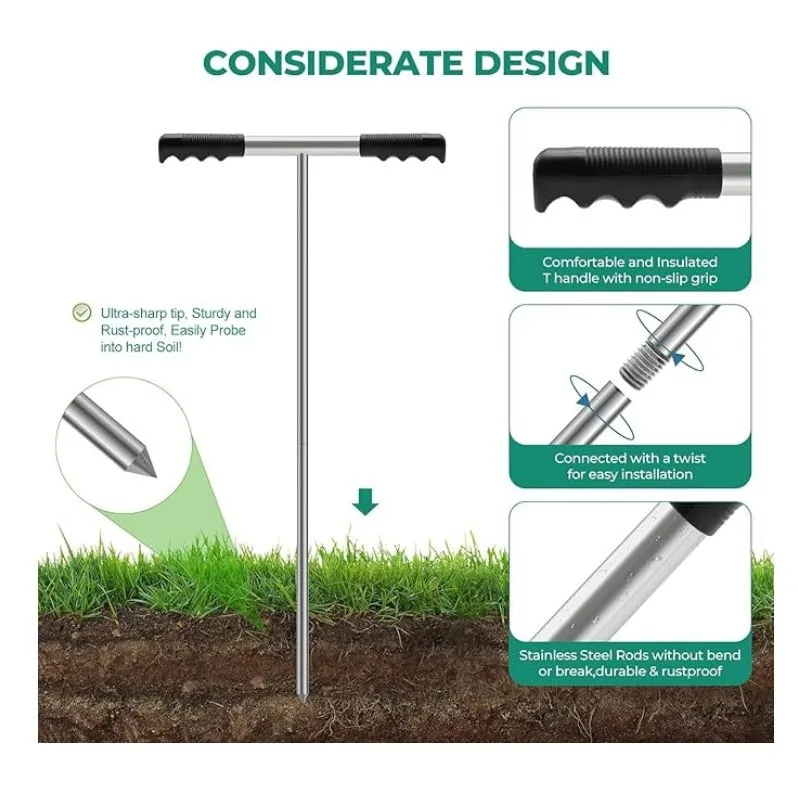 Adjustable Stainless Steel Soil Probe Ground Rod 32 to 48 Inch with T Handle Heavy Duty Rustproof for Grounding Testing Tool
