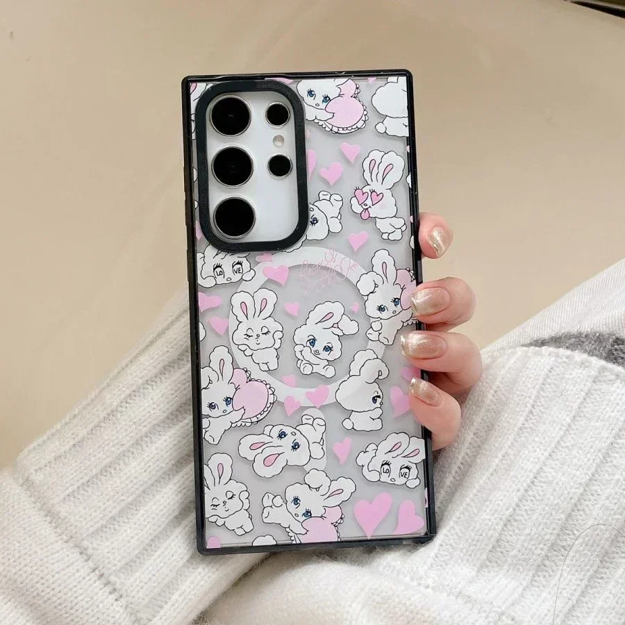 Casing Ponsel Magnetik Perbatasan Hitam Akrilik Magnetik Hati Kelinci untuk Samsung Galaxy S25 + Plus S24 S23 Ultra S25U Cangkang Pelindung
