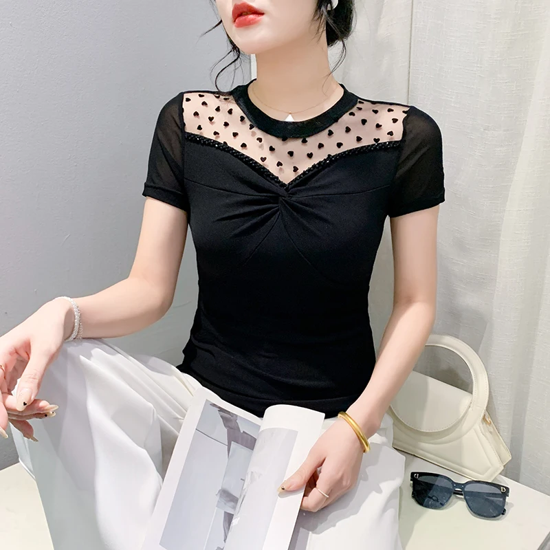 

Black Summer Korean Style T-Shirt Fashion Sexy O-Neck Draped Patchwork Shiny Beading Women Tops Short Sleeve Tees 2024 New 44282