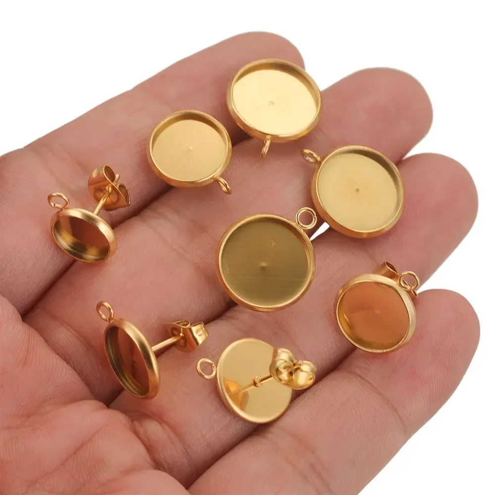 20Pcs 8 10 12 Stainless Steel Earrings Parts Making Supplies Setting Blank Base Resin Cabochon Cameo Jump Ring for Diy Jewelry