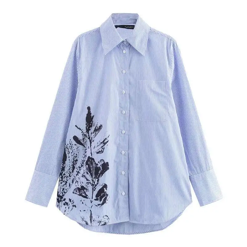 Maxdutti Minimalist Ral 프린트 블루 스트라이프 봄 2025 긴팔 루즈 피트 셔츠 블라우스 여성상의