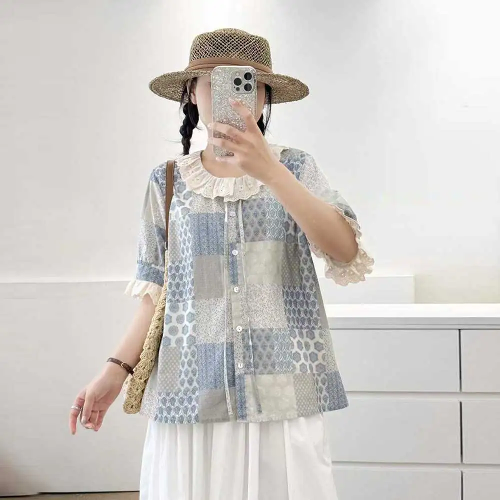 

Japanese Vintage Mori Girl Irregular Plaid Patchwork Cotton Shirts Women Summer Lace O-Neck Short Sleeve Casual Loose Blouse Top