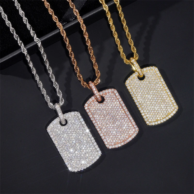 

Хип-хоп 3A+ CZ Stone Paved Bling Ice Out Dog Tag Квадратные подвески Ожерелья для мужчин Ювелирные изделия рэпера Розовое золото Серебро Цвет