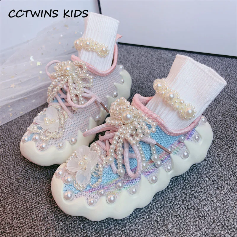 

Girls Sneakers 2023 Spring Kids Fashion Brand Sock Shoes Children Running Sports Shoes Breathable Rhinestone Pearl Soft Sole