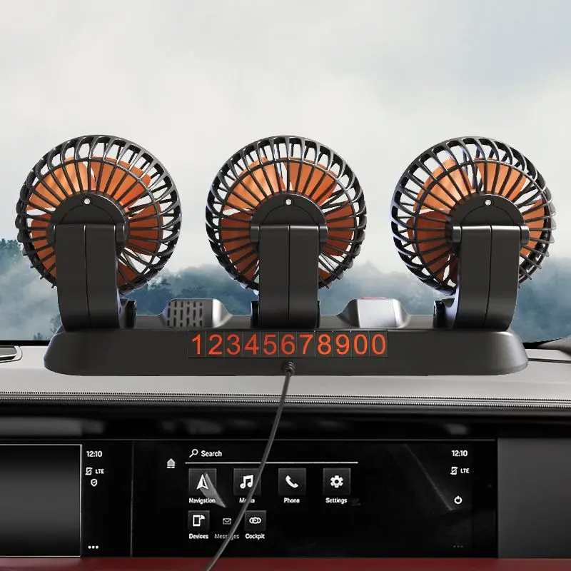 พัดลมทำความเย็นรถยนต์3หัวพร้อมป้ายหมายเลขจอดรถ usb/ 12V/24v พัดลมไฟฟ้าเสียงรบกวนต่ำพัดลมระบายความร้อนอัตโนมัติหมุนได้360องศา