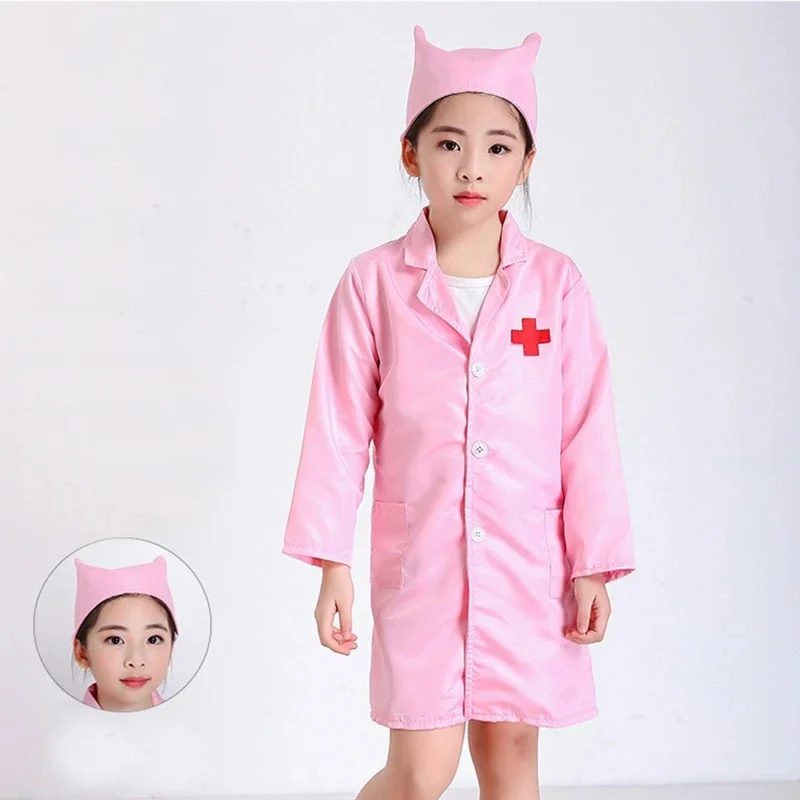 Kids Doctor Nurse Cosplay Coat Girls Boys Doctor Role Play Soft White Pink Coat for Children Stage Performance Cosplay