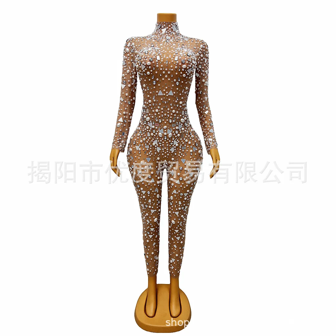 Sparkling Lens Jumpsuit Perspective Mesh Female Singer Night DJ Reception Party Performance Costume Pearl And Diamond Abendkleid
