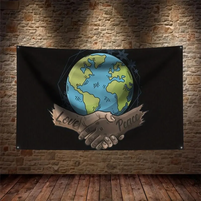 Global Peace Love Earth Banner Tapestry Decoration Flag Art Wall Hanging Gift Home Decor With 4 rings Symbol