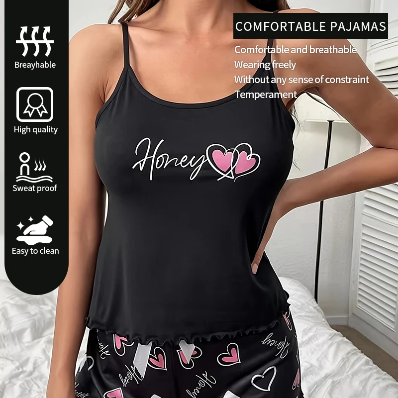 Women\'s Sleepwear Pyjama Set Black Comfortable Casual Print Short Sleeveless Pajamas Set Homewear