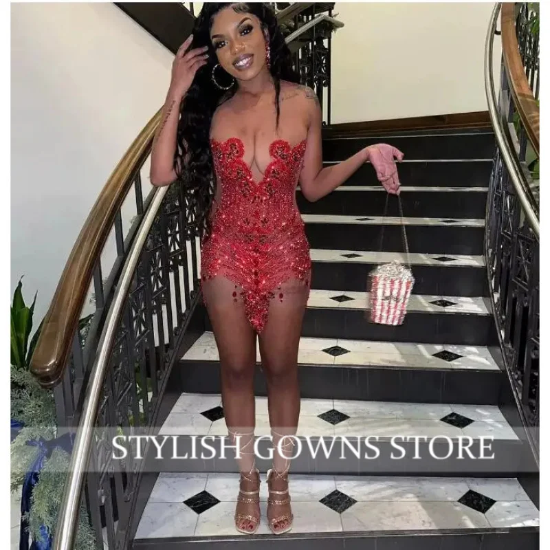 반짝이는 은색 시스루 짧은 프롬 드레스 흑인 소녀 비즈 장식 생일 맞춤형 아프리카 미니 칵테일 드레스 홈커밍