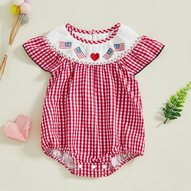 Infant Baby Girl 4th Of July Outfit Plaid Smocked Flutter Sleeve Bubble Romper Flag Embroidered Summer Bodysuit