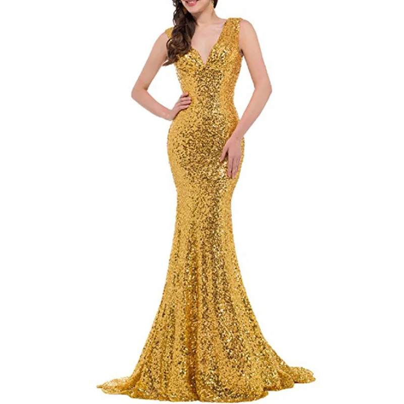 Customized Shiny Mermaid Evening Dresses Women Sequins Sexy V-Neck Prom Party Gowns Formal Vestido De Fiesta robes de soirée
