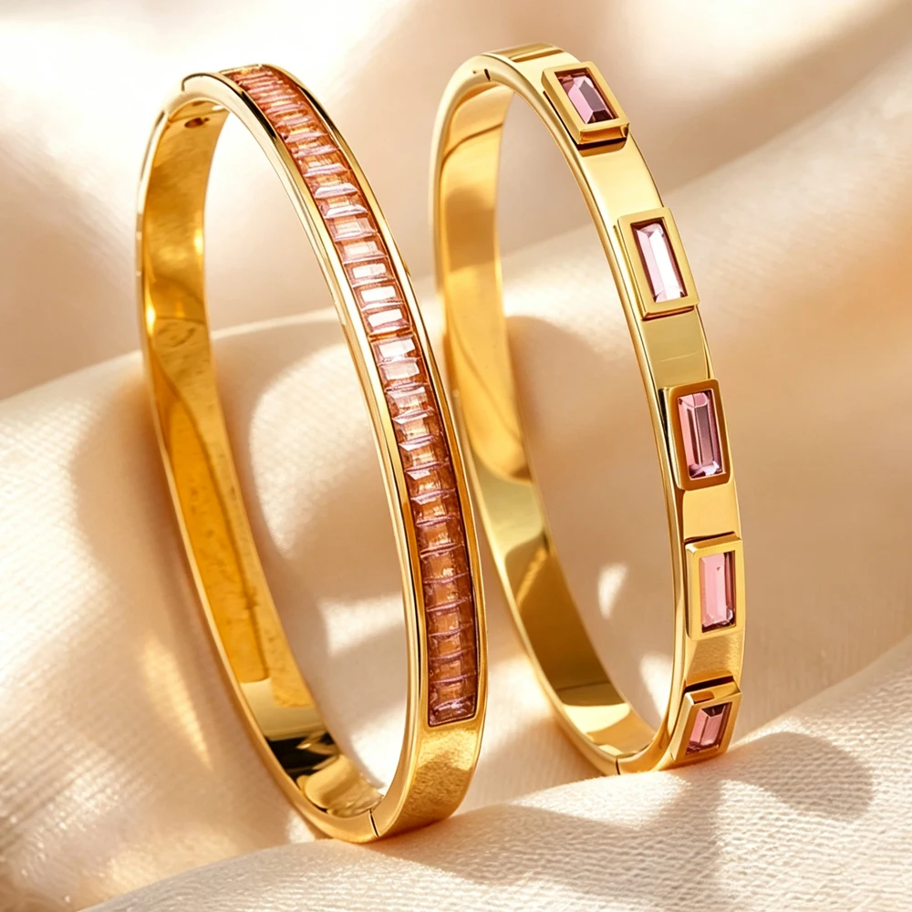 Yupsk 2-teiliges Set Weiß/Rosa/Grün Geometrisches Quadrat Zirkon Edelstahl Armband-Set für Damen Modisches Trendiges Accessoire Geschenk – Detail 4