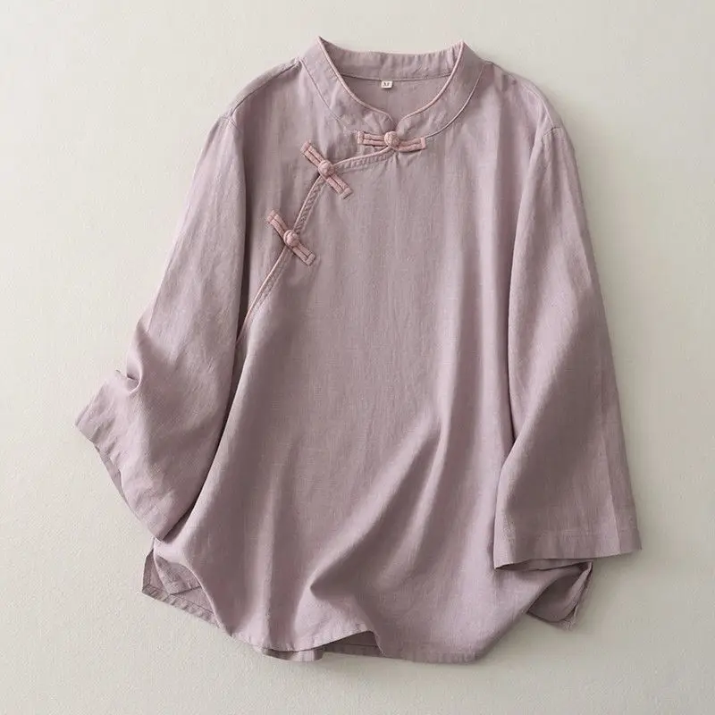 Summer Women New Chinese Tea Wear Top, Zen Improved Tang Suit, Frog‑Button 5‑Point Sleeve Linen‑Cotton Vintage Casual Blouse