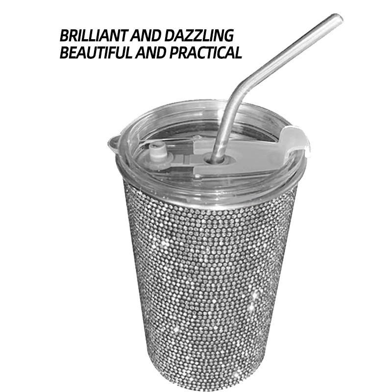 Tasse à boisson incrustée de diamants, paille en acier inoxydable, tasse à café simple et à la mode, 550ml, 1 PC