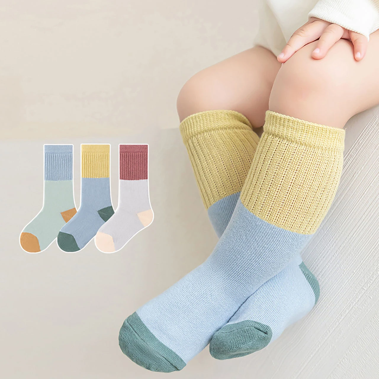 3Pair Toddler Mid-calf Socks Fashion Color Block Baby Long Sock Spring Autumn Children Cotton Sock 0-4Year Boys Girls Footwear
