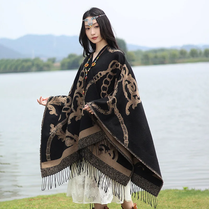 

Fashion Luxury Chain Jacquard Thick Acrylic Cashmere Cape Long Poncho Unisex Autumn Winter Coat Spring Summer Travel Warm Shawl