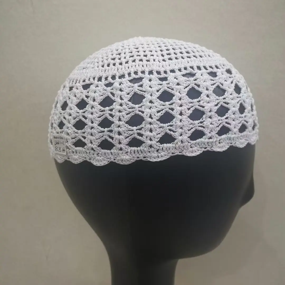 Free Shipping Muslim Caps For Men Colthing Crochet Knit Hat Turkey Kufi Islamic Kippah Jewish Turban White Cotton Mesh 0777