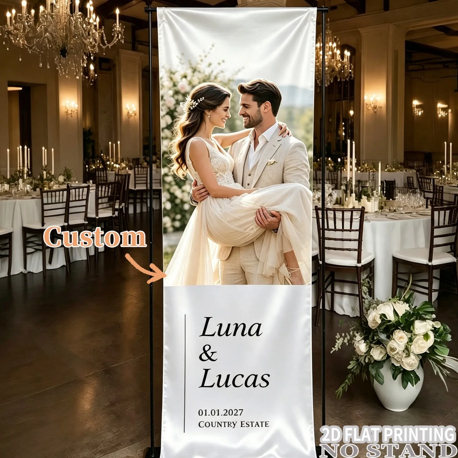 1pc Custom Wedding Party Banner - Personalized Bride and Groom with Photo/Name/Date/Text -Top with A Rod Pocket - Easy Hanging