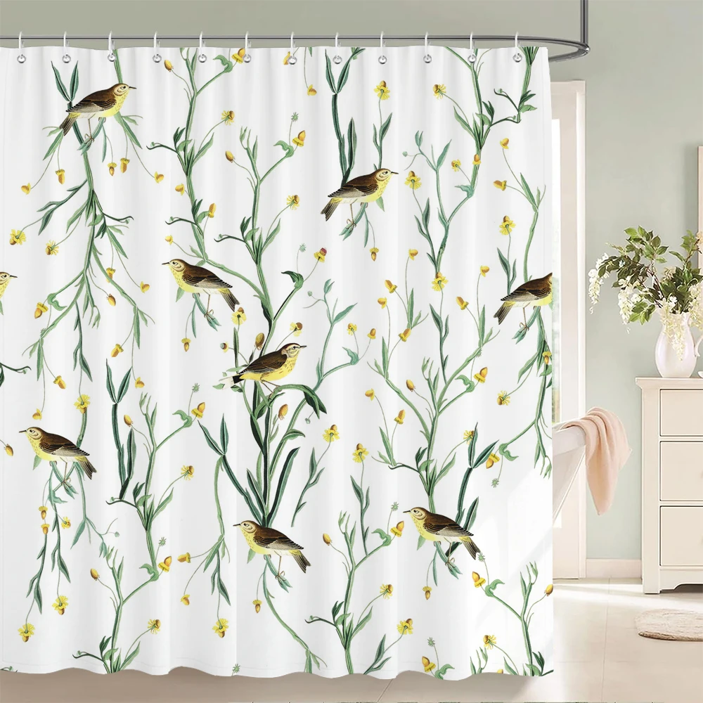 1Pcs Watercolor flower and bird leaves printed fabric waterproof shower curtain, home decoration bathroom curtain, with hooks