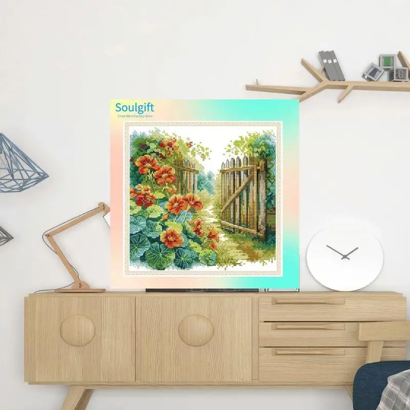 

Flowers by the fence-Soulgift New Pre-Printed Cross Stitch-Stamped 9CT/11CT/14CT/16CT DMC Threads, Embroidery Kit.great quality