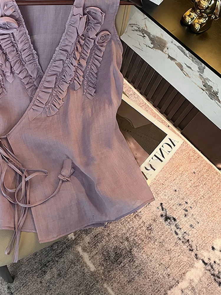 エレレーストリムVネック女性用サマースイートボウタイトップファッショナブルで通気性のあるカジュアル韓国風ゆったりフィットブラウス