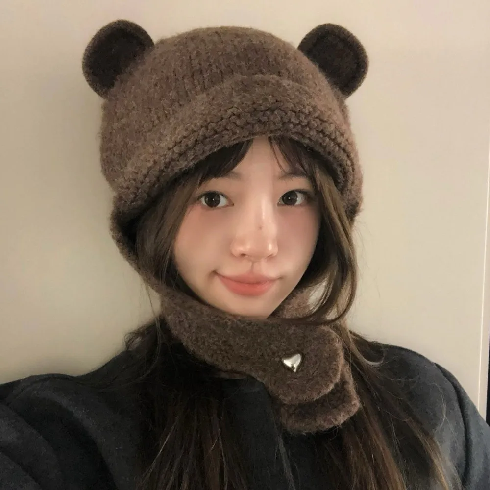 Korean Cute Bear Ear Knitted Cap Winter Autumn Sweet Warm Beanie Hats Soft Y2k Ear Protection Cap Streetwear
