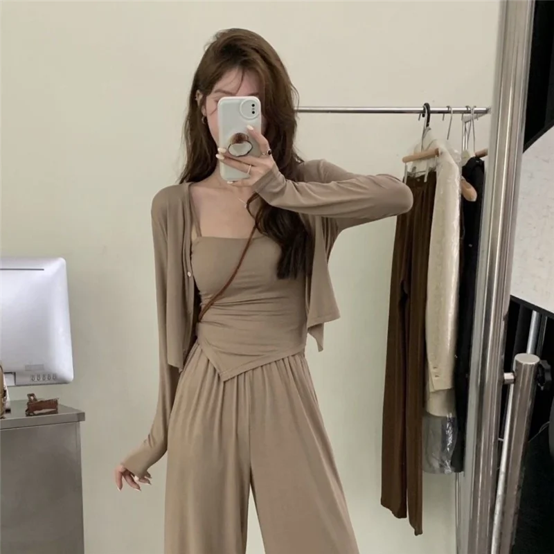 Laid-back Style Women's Summer 2025 New Anti-Aging Sunscreen Open Cardigan Top Strap Wide Leg Pants Skirt Three-piece Set