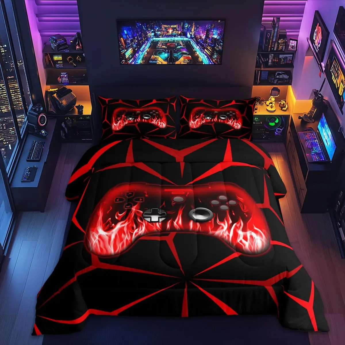 Boys Gamer Duvets Cover,3D Gaming Bedding Set Twin Size Room Decor,Red and Black Video Game Geometric Gaming for Game Lovers
