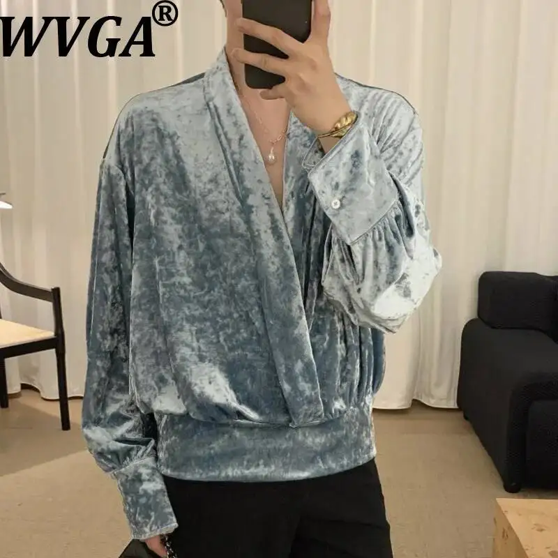 WVGA Spring Autumn New Men's Velvet Trendy Long Sleeve Shirt Unique Design Niche Chic Casual V-Neck High-End Stylish Tops W24463