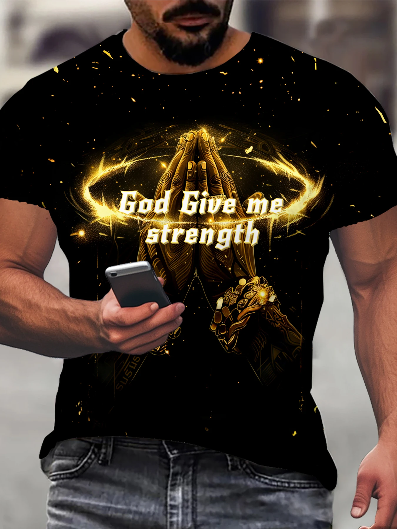 3D Digital Praying Hands And Golden Bracelets Pattern  Print Crew Neck And Short Sleeve T-shirt, Stylish And Trendy Summer Tops