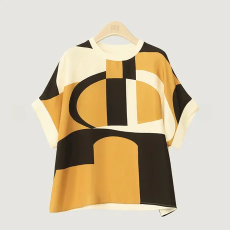 

Elastic Geometric Print Silk T-Shirt Women's Summer Breathable Comfortable Short Sleeve round Neck Loose Fit T-Shirt