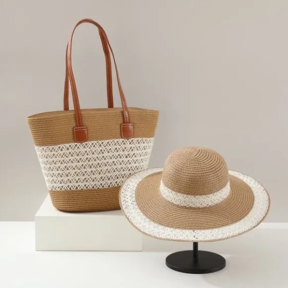 Hot selling large capacity straw woven bag and hat two-piece set for outdoor travel tote bag, trendy big brim small face sun hat