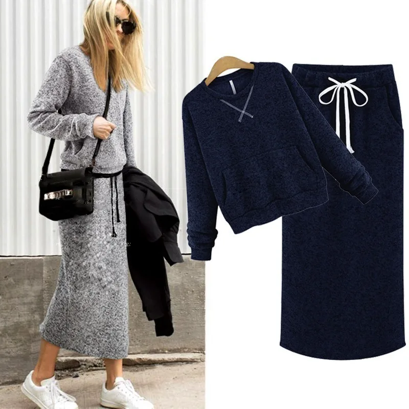 Female Autumn Winter Two Piece Set Pockets Pullover + Long Skirts Matching Sets Women Casual Tracksuit Outfits Lounge Wear